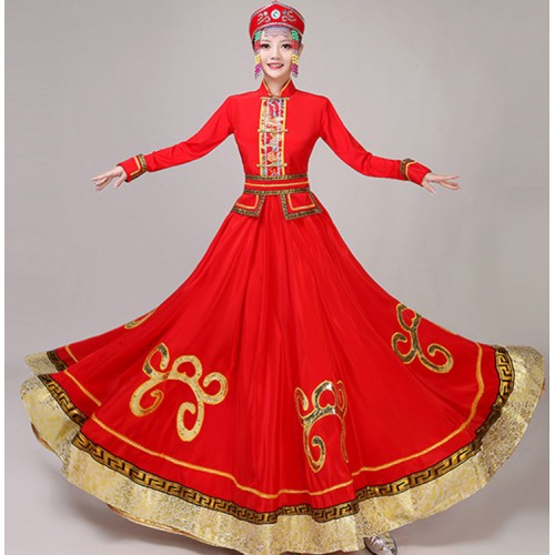 Women's red Mongolian dresses stage performance chinese folk dance dresses mongolia costumes